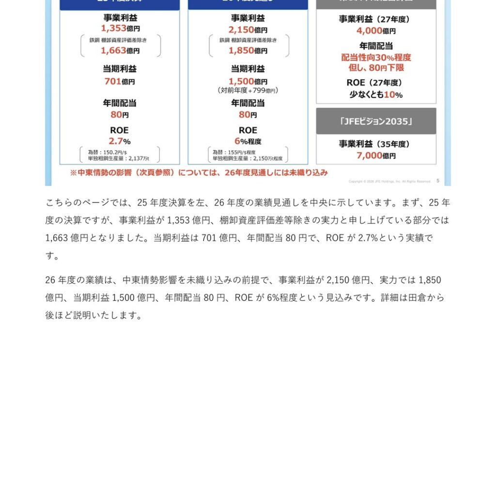 JFEホールディングス、2026年3月期は事業利益1,353億円・当期利益701億円で着地、2027年3月期は事業利益2,150億円・配当80円を計画