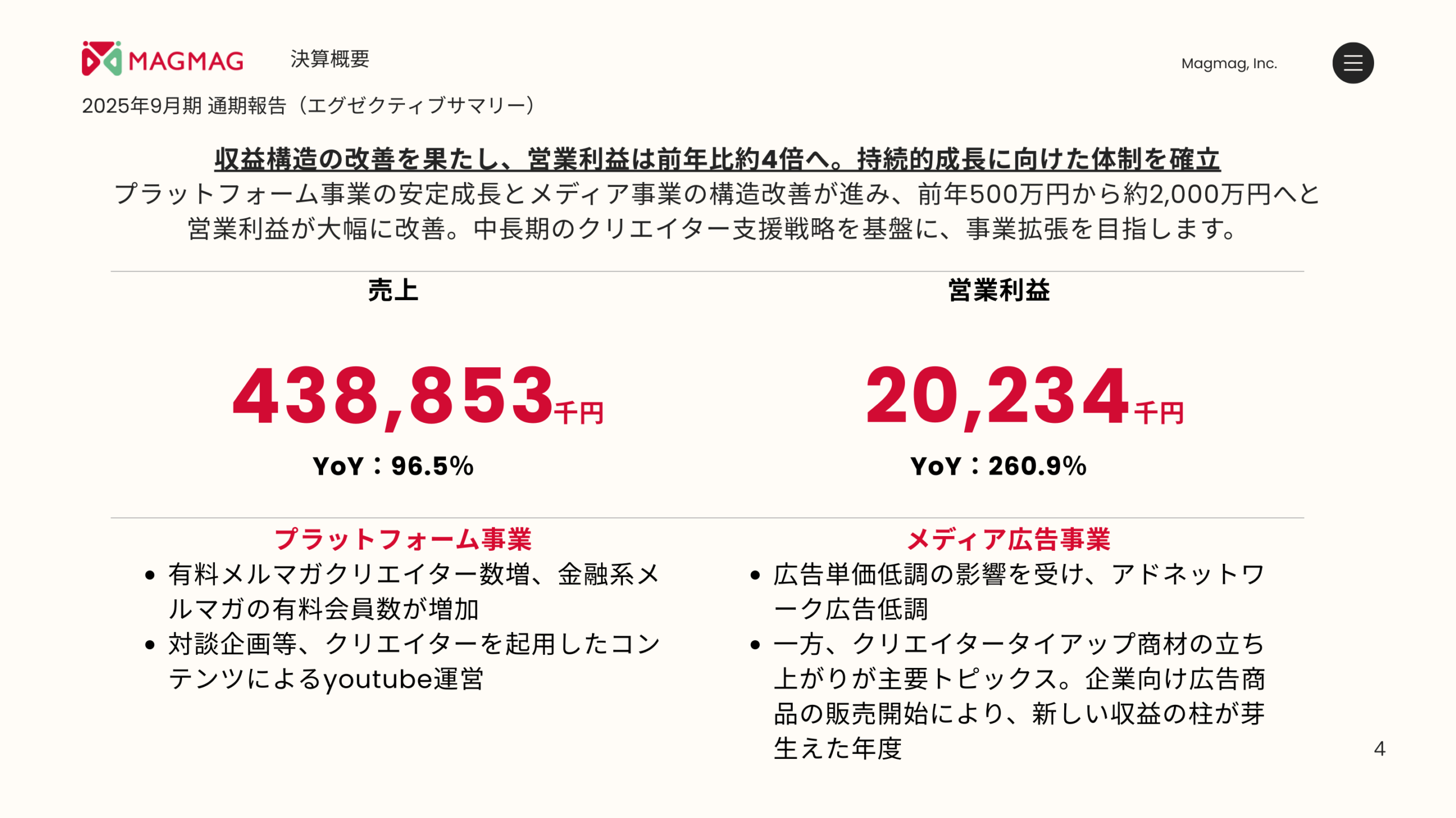 2025年9月期通期報告（エグゼクティブサマリー）