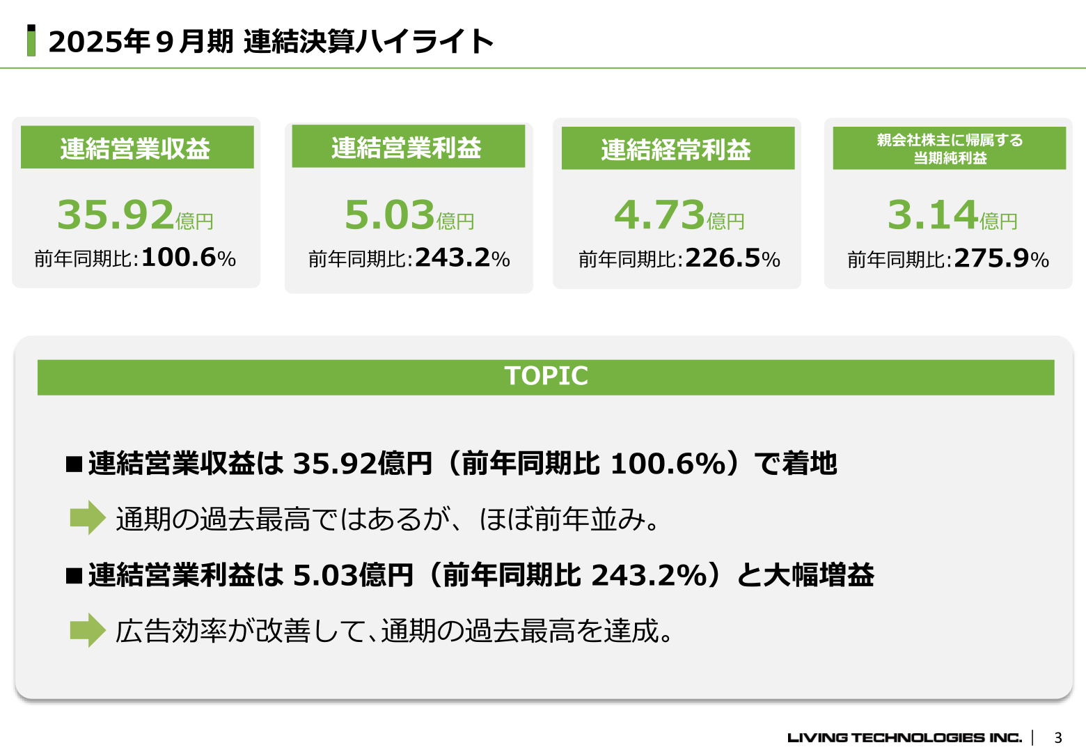 2025年9月期 連結決算ハイライト