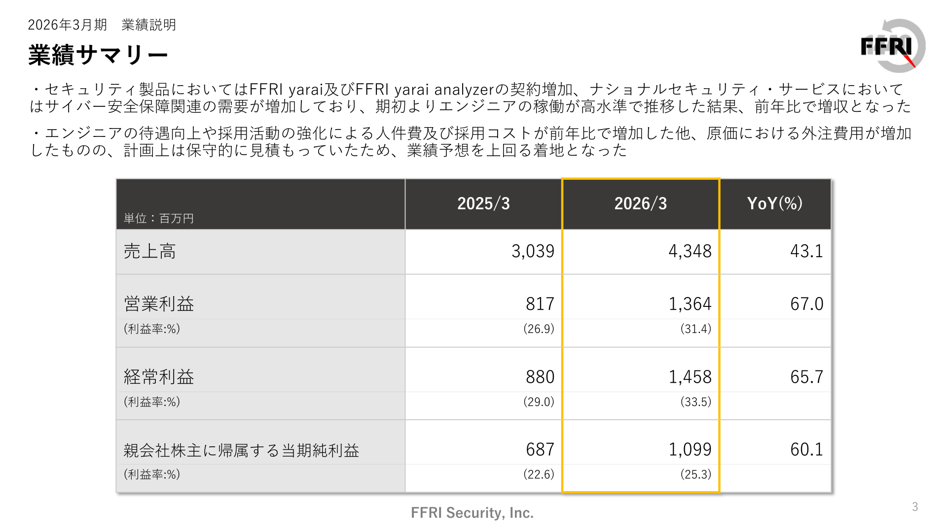 2026年3月期の業績サマリーを示すスライド
