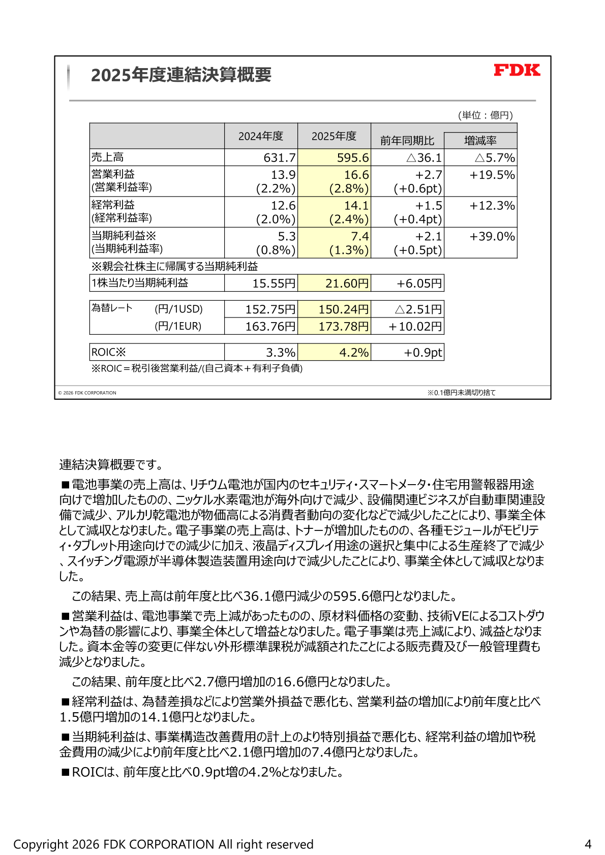 FDK 2026年3月期連結決算概要