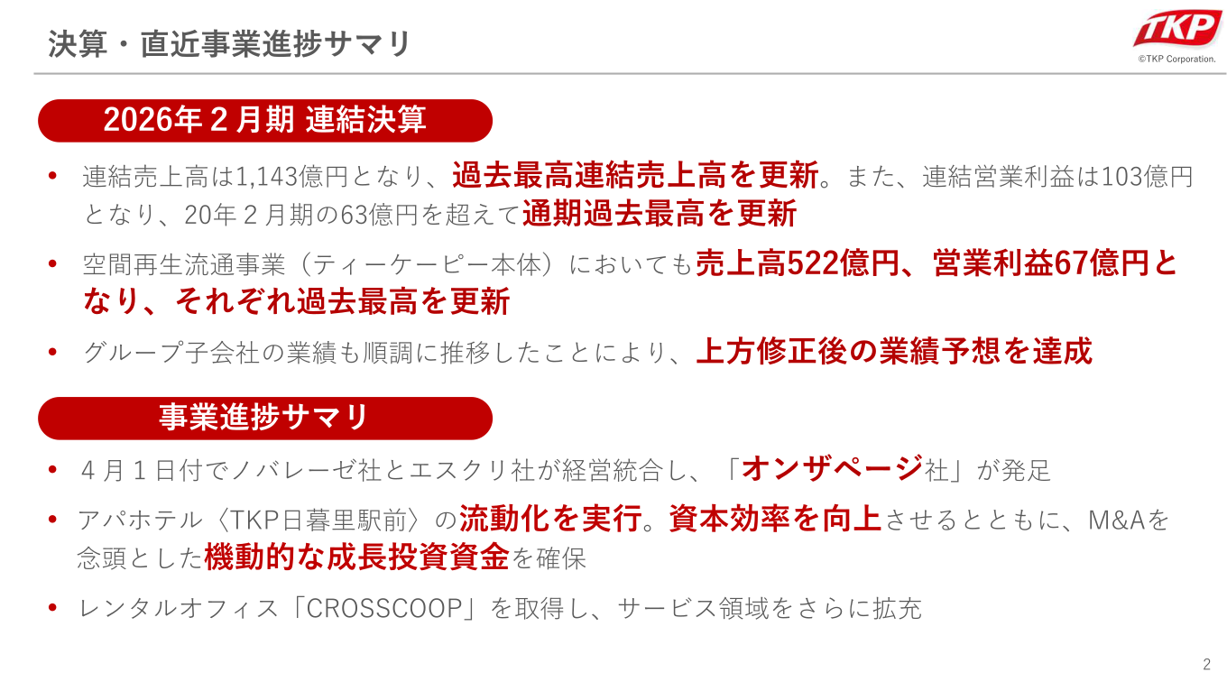2026年2月期の決算・直近事業進捗サマリーを示すスライド