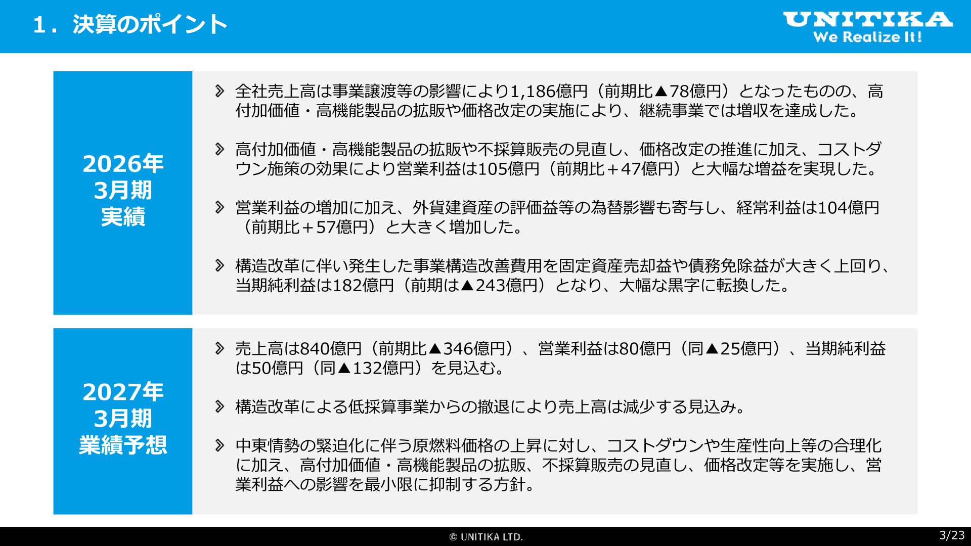 2026年3月期決算のポイントと2027年3月期業績予想の概要スライド