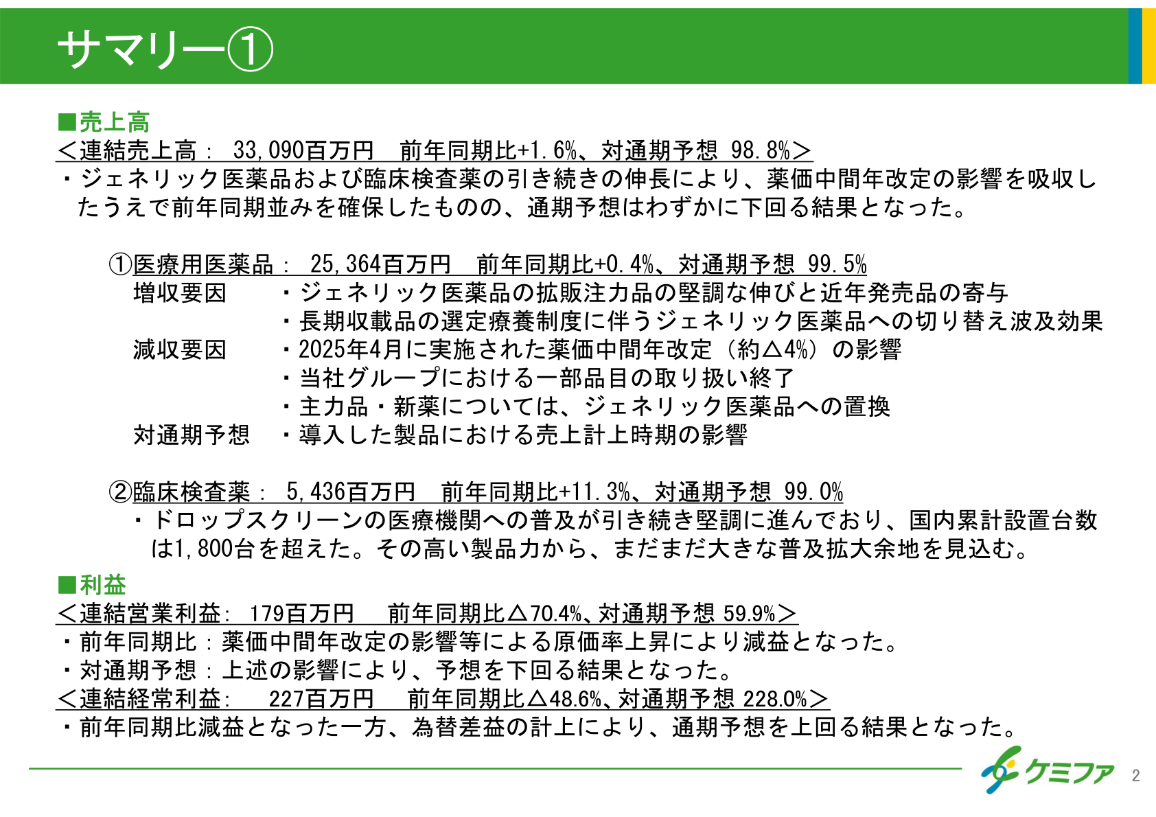 日本ケミファ 2026年3月期サマリー