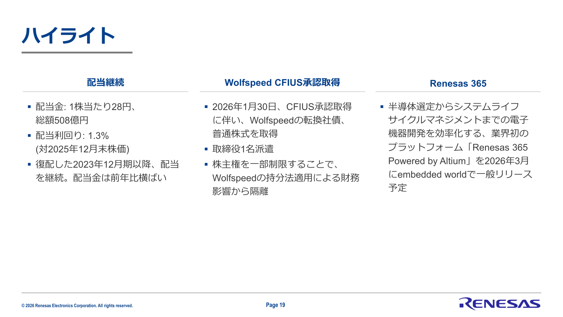 ハイライト（配当・Wolfspeed CFIUS承認・Renesas 365）