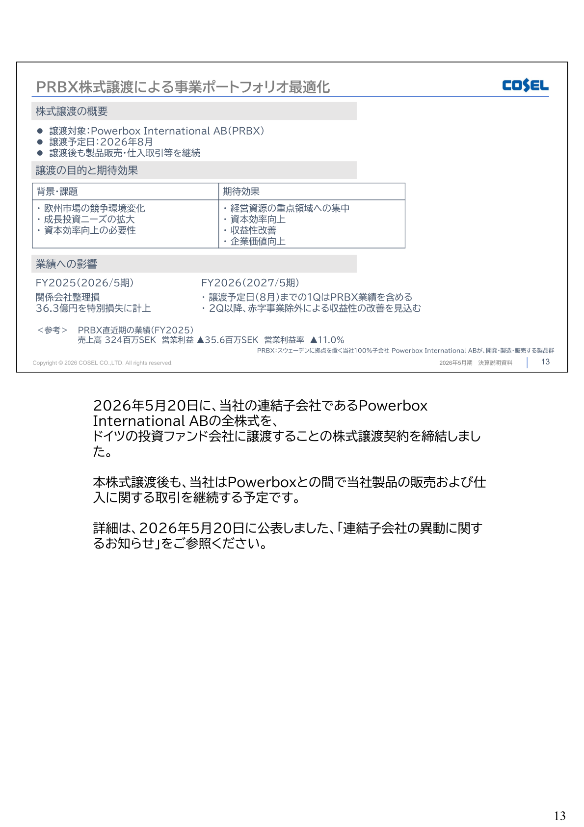 PRBX株式譲渡による事業ポートフォリオ最適化