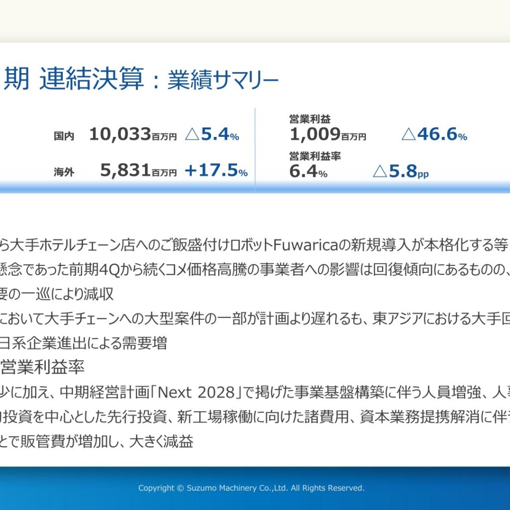 鈴茂器工、2026年3月期は増収も大幅減益　先行投資などで営業利益46.6%減少