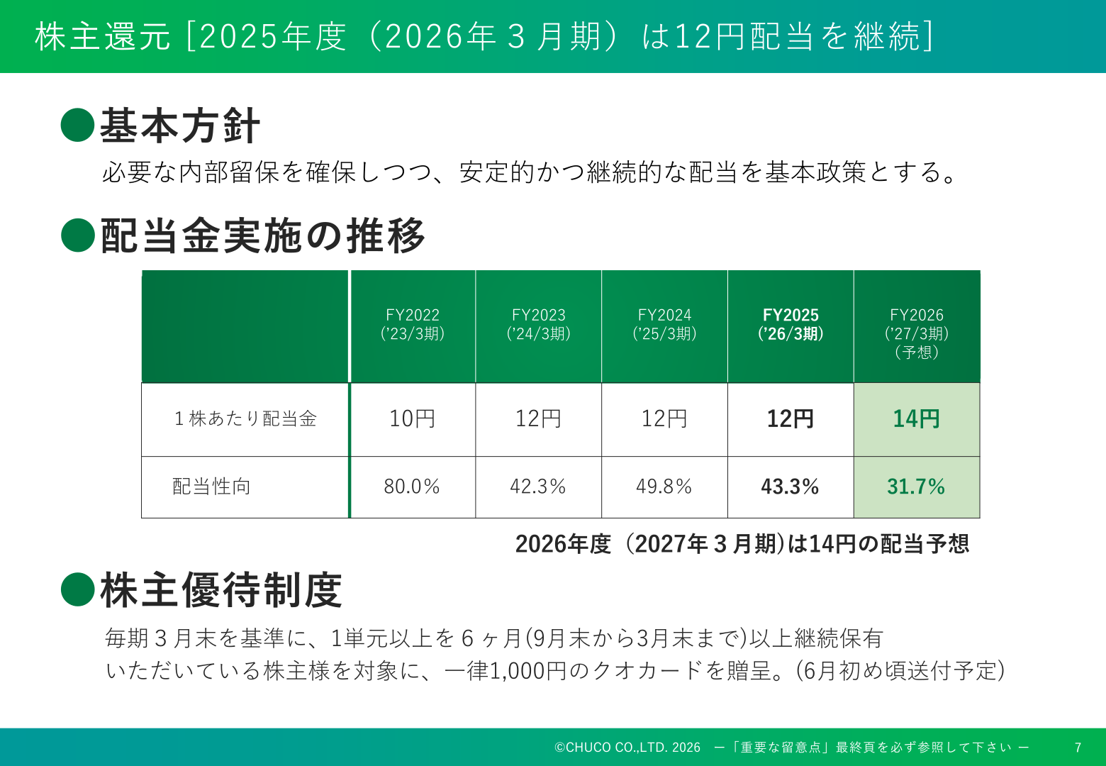 株主還元:配当金実施の推移と株主優待制度