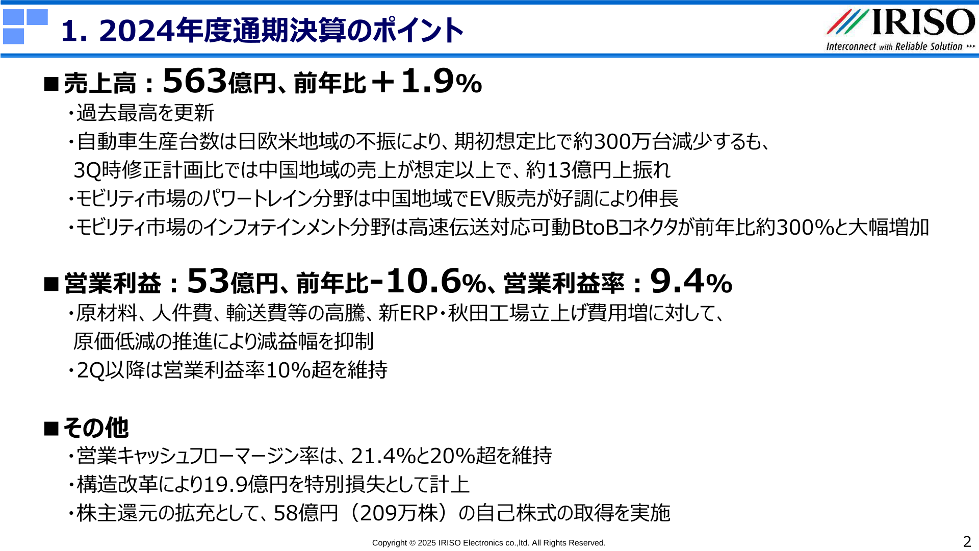 2024年度通期決算のポイント(売上高・営業利益・その他)