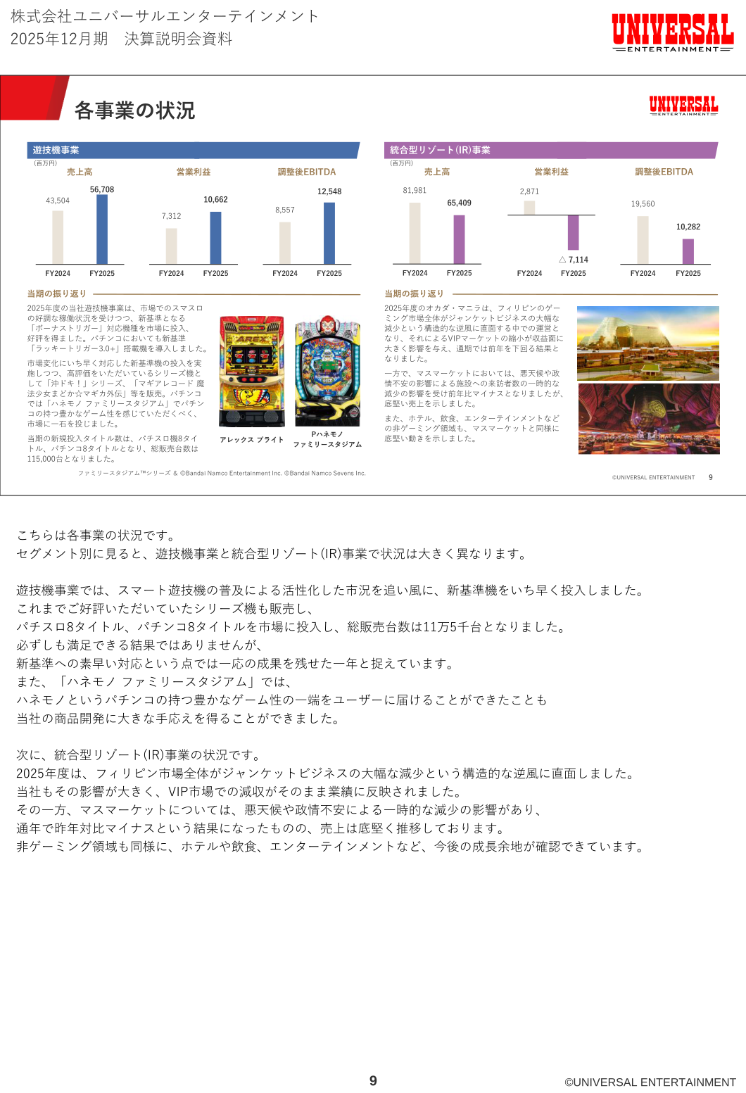 遊技機事業・統合型リゾート(IR)事業の各業績指標と主要商品・施設の写真