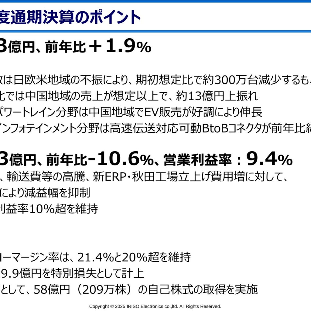 イリソ電子工業、2025年3月期は売上高563億円で過去最高更新　営業利益は10.6%減の53億円