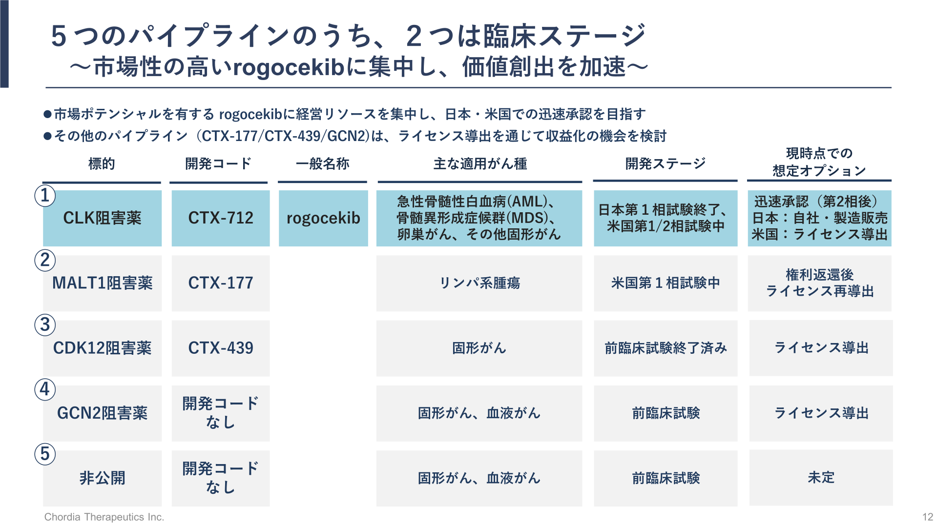 5つのパイプラインの開発ステージと想定オプション