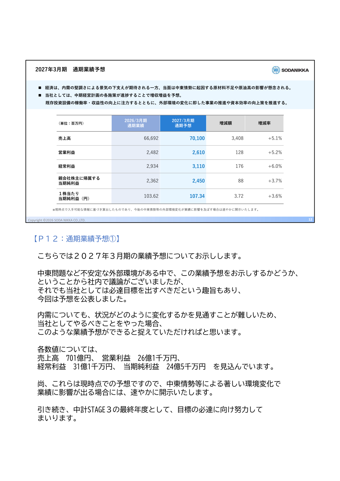 2027年3月期 通期業績予想