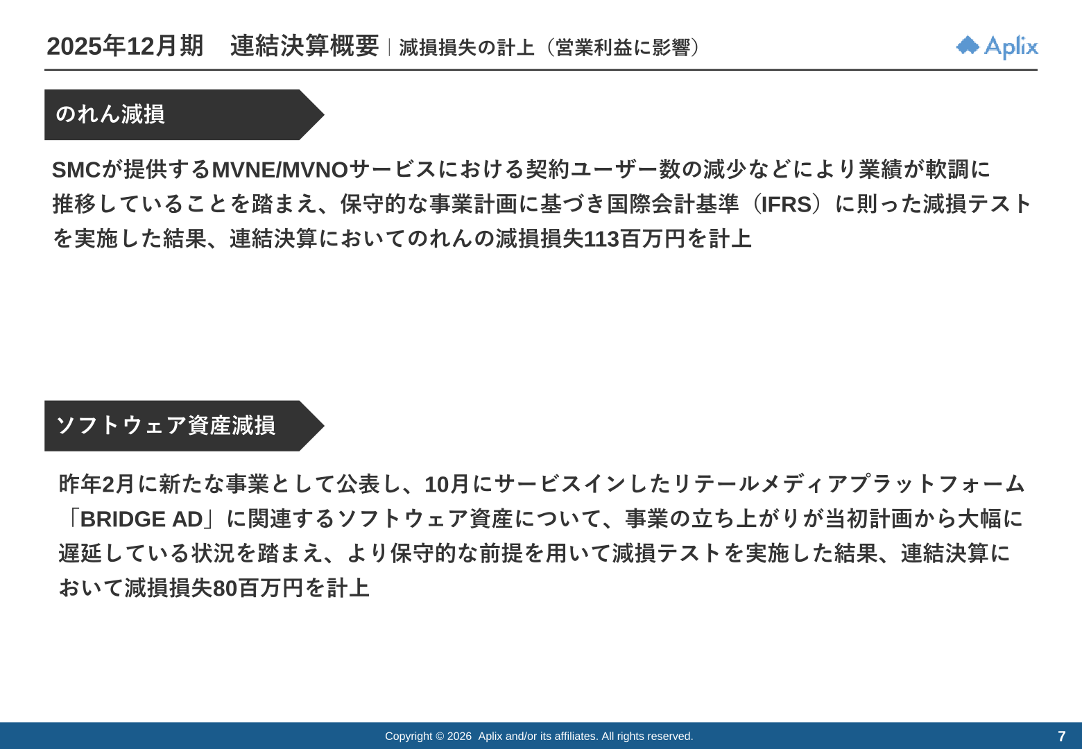 アプリックス 減損損失の計上