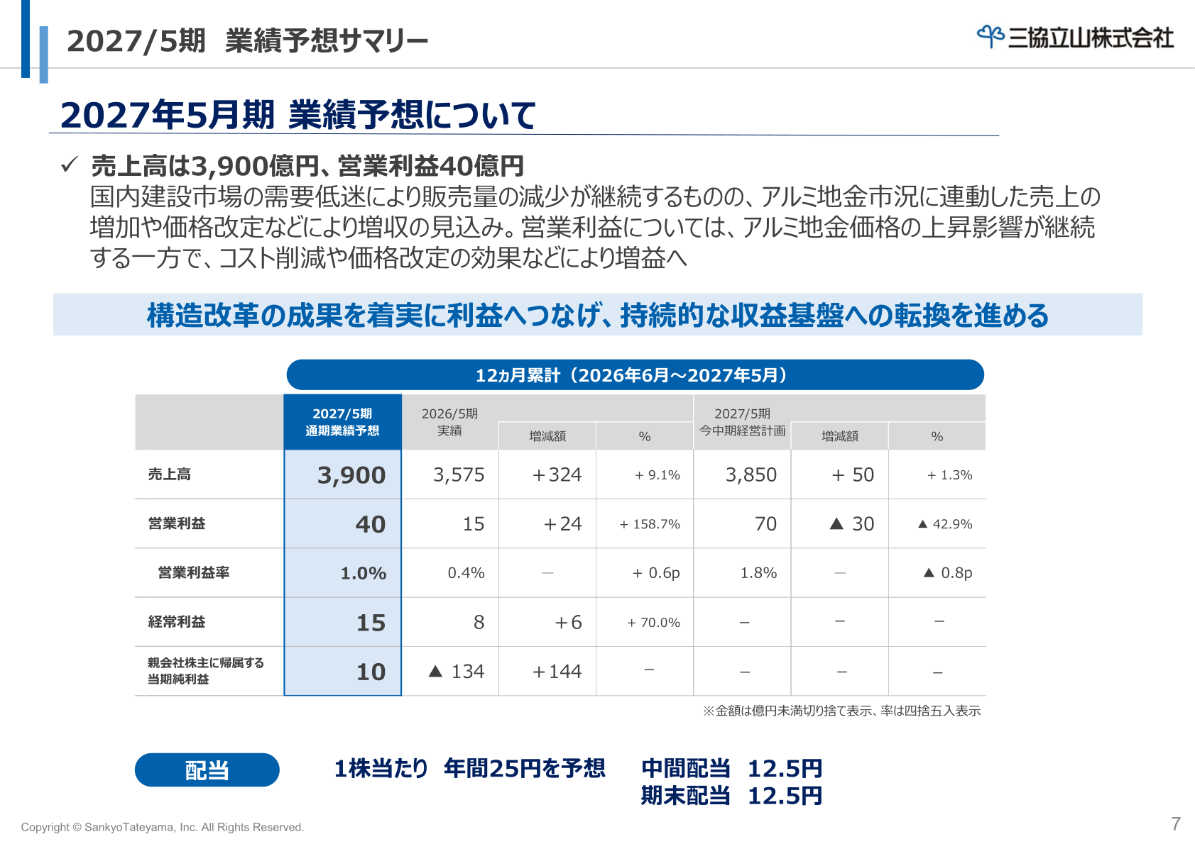 2027/5期 業績予想サマリー