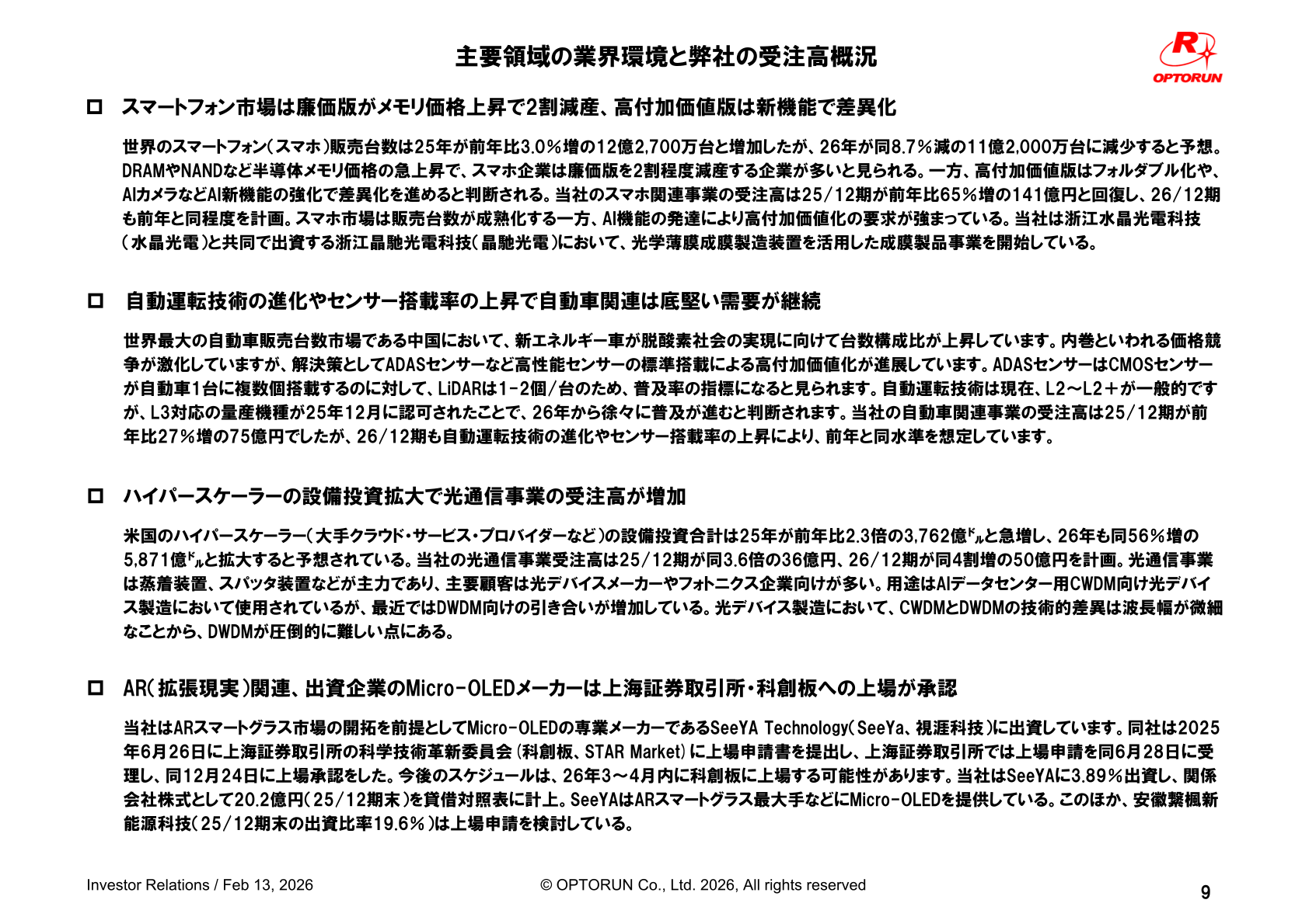 主要領域の業界環境と受注高概況