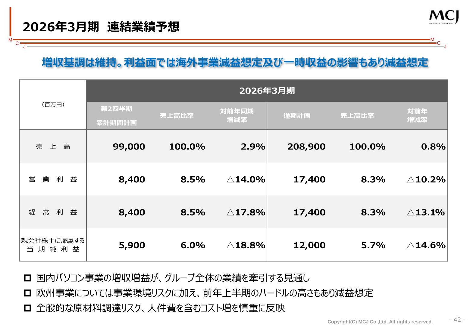 MCJ 2026年3月期 連結業績予想