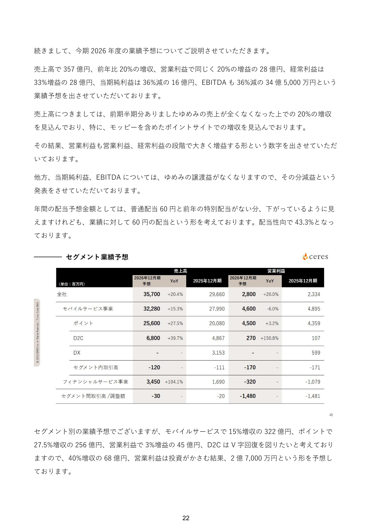 セレス 2026年12月期業績予想
