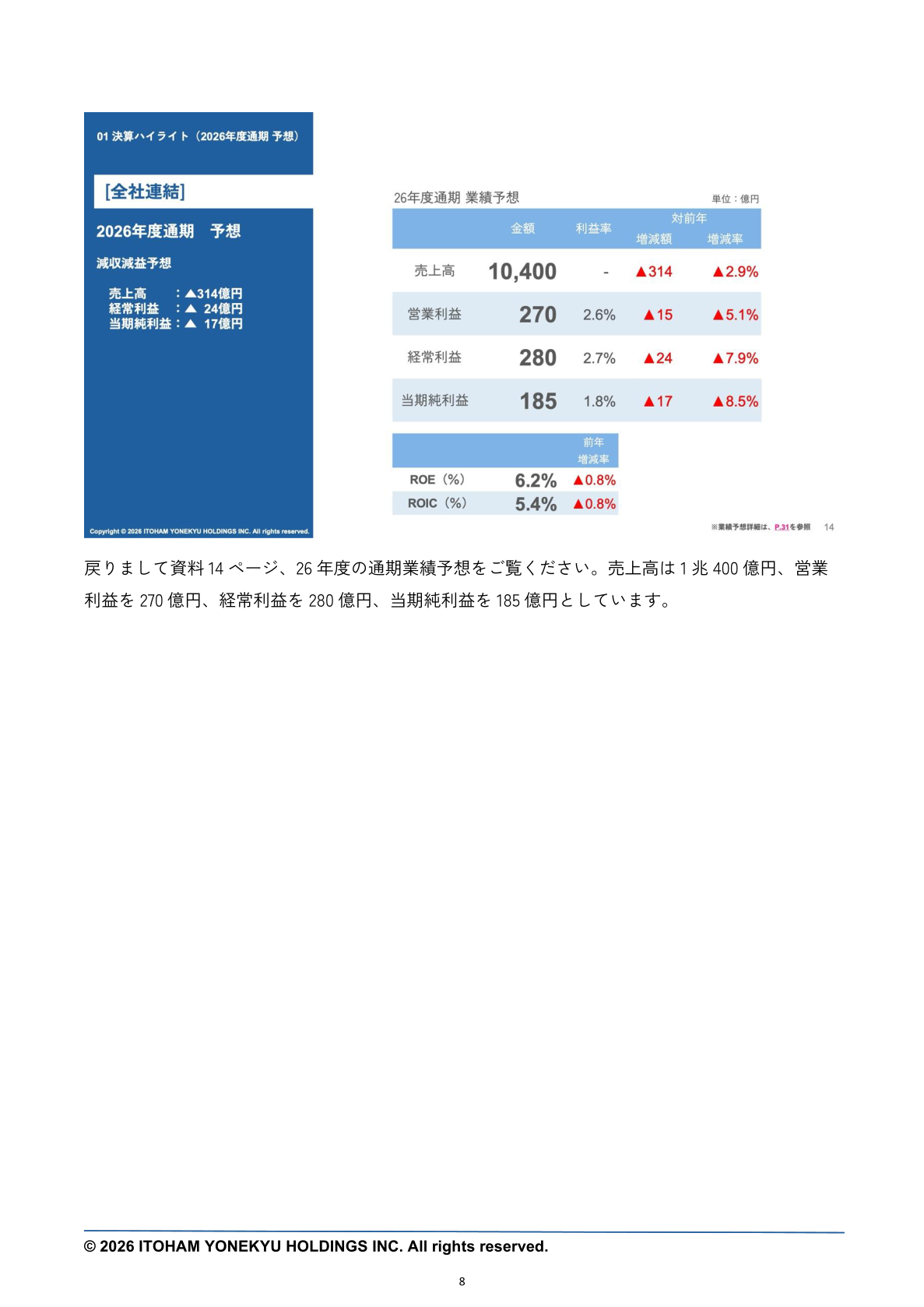26年度通期業績予想。売上高1兆400億円、営業利益270億円、経常利益280億円、当期純利益185億円