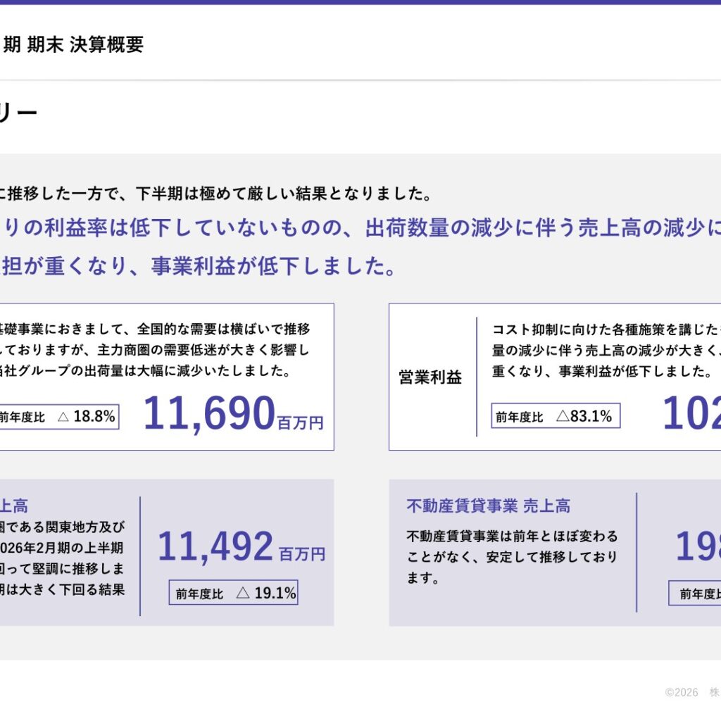 トーヨーアサノ、2026年2月期は大幅減収減益　純損失に転落　2027年2月期は増収増益予想