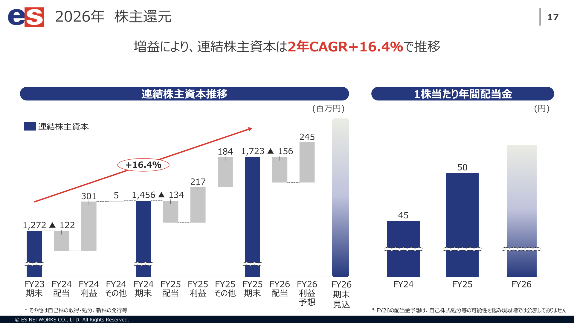 連結株主資本の推移と1株当たり年間配当金