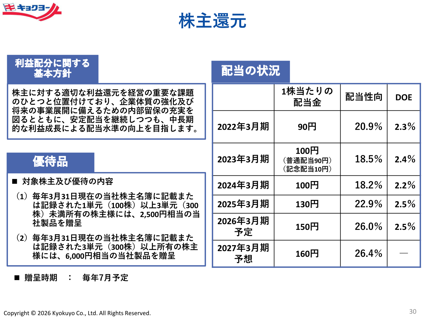 配当金・配当性向・DOEの推移と株主優待の内容を示す株主還元のスライド