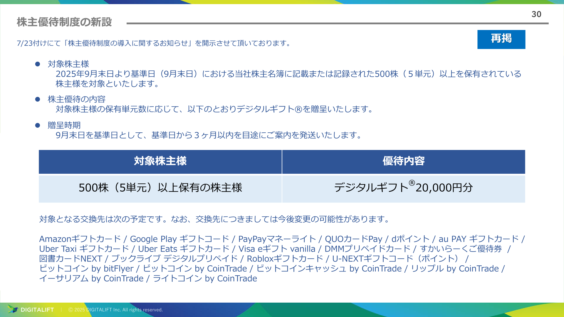 株主優待制度の新設