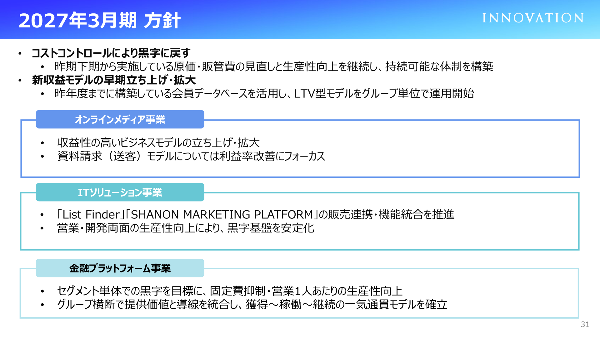 2027年3月期の事業別方針