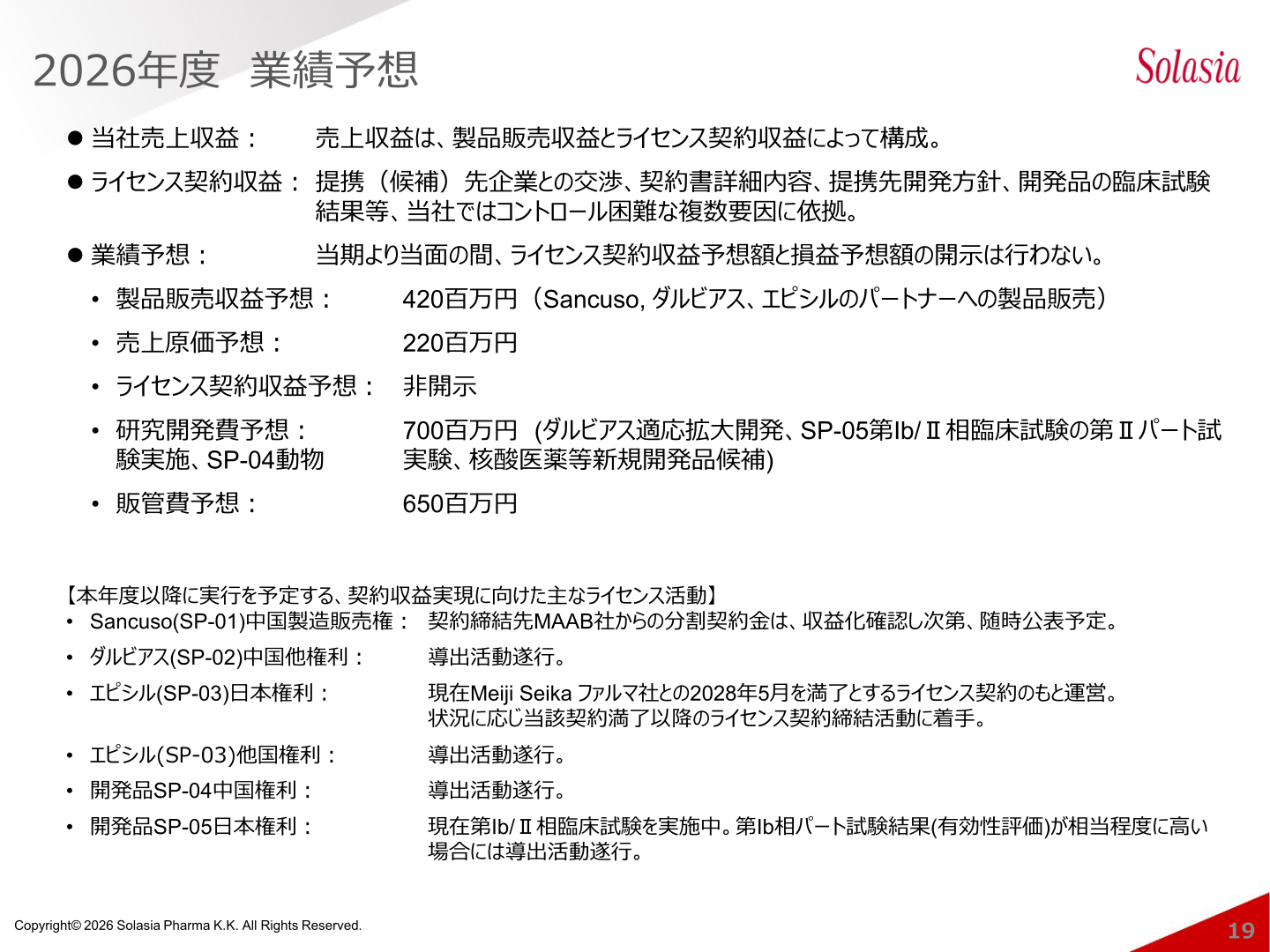ソレイジア・ファーマ 2026年度業績予想