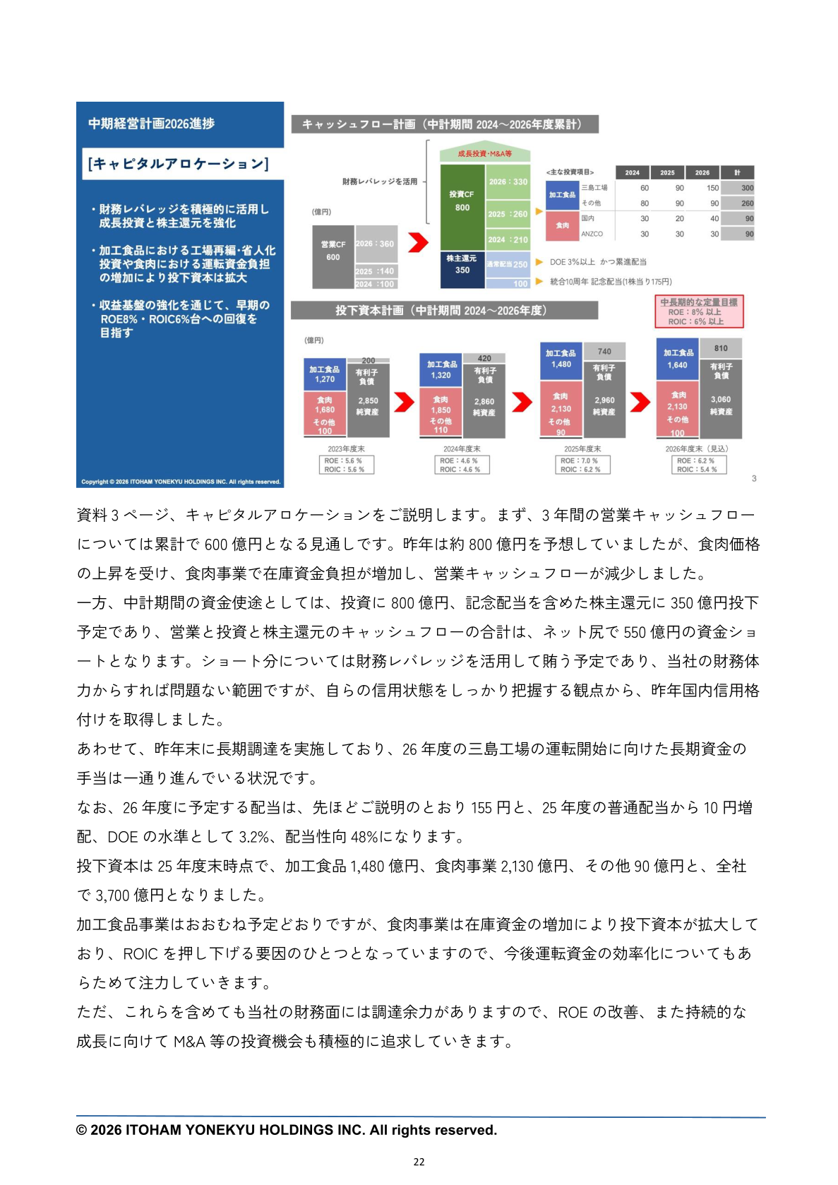 キャピタルアロケーションの説明。中計期間で投資800億円、記念配当を含む株主還元350億円を投下予定