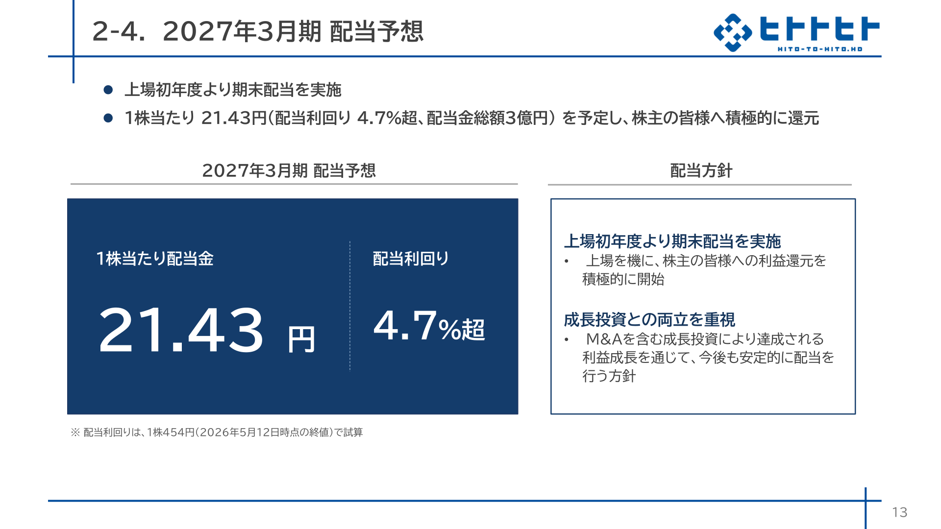 2027年3月期配当予想（1株当たり配当金21.43円、配当利回り4.7%超）と配当方針