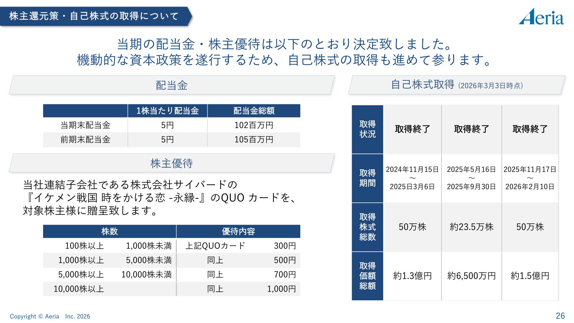 株主還元策・自己株式の取得について