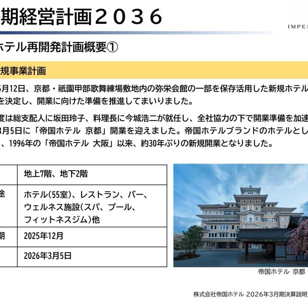 帝国ホテル、2026年3月期は増収増益　純利益65.9%増