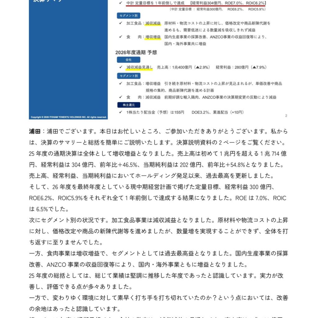 伊藤ハム米久ホールディングス、2026年3月期は売上高が初めて1兆円を超え過去最高を更新　経常利益304億円で中計目標を1年前倒し達成