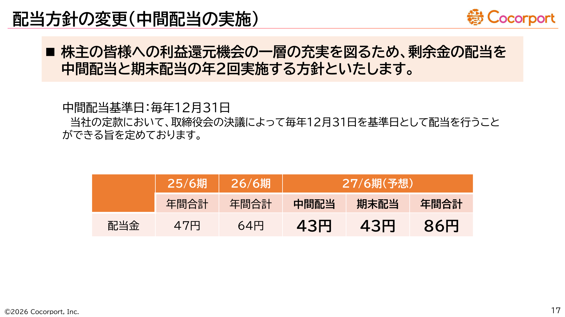 配当方針の変更(中間配当の実施)