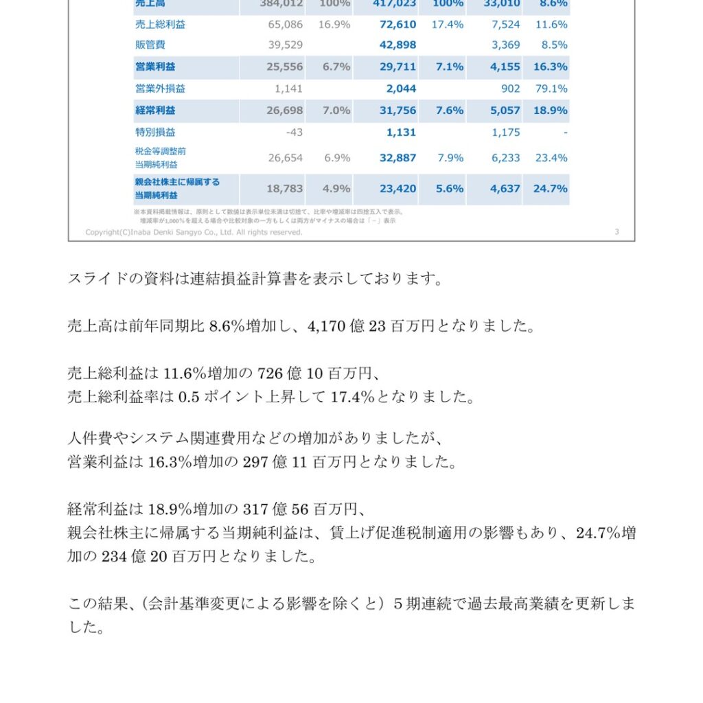 因幡電機産業、2026年3月期は増収増益　5期連続で過去最高益を更新