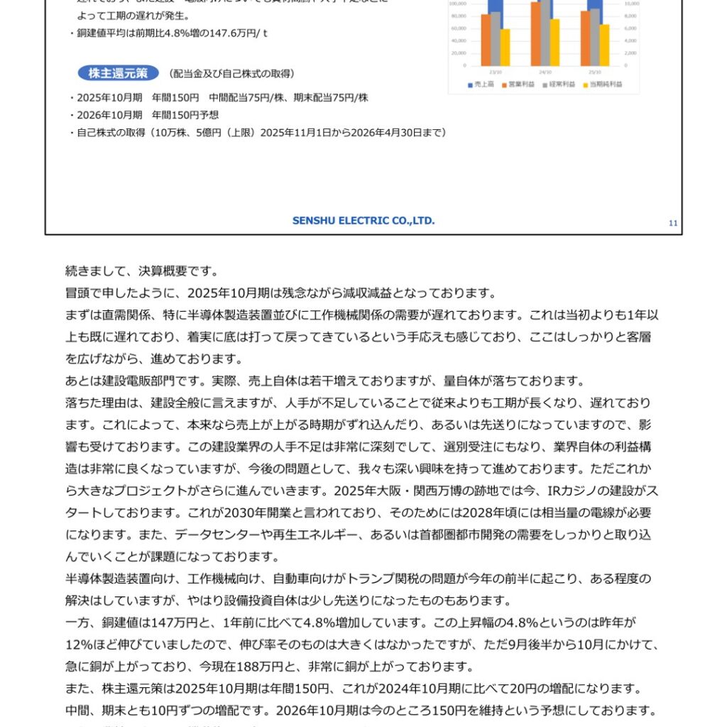 泉州電業、2025年10月期は減収減益　12年連続増配　2026年10月期は過去最高益予想