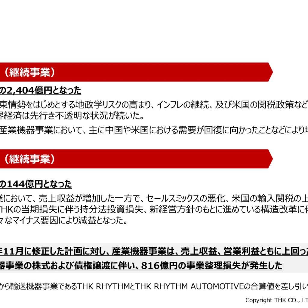 THK、2025年12月期は増収減益　輸送機器事業譲渡で純損失　2026年12月期は増収増益予想