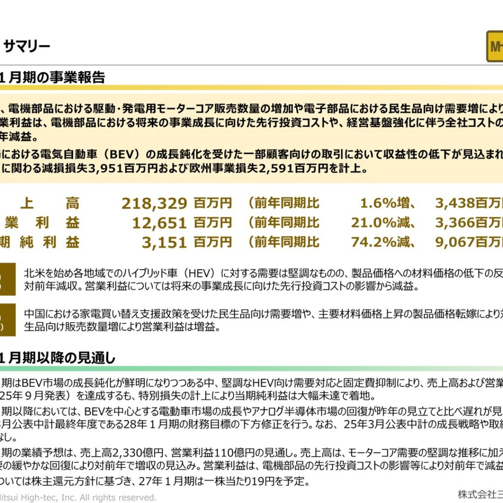 三井ハイテック、2026年1月期は増収減益　欧州事業で特別損失を計上し中期目標を下方修正