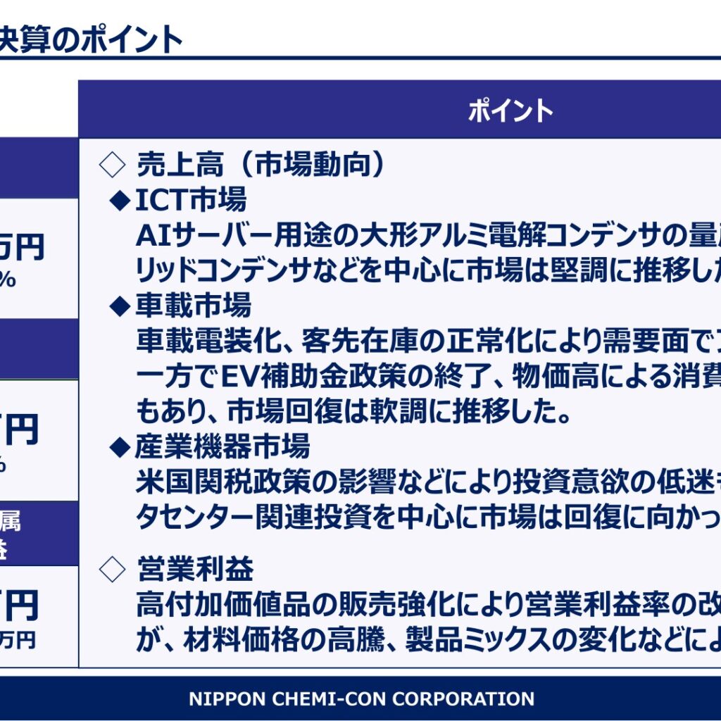 日本ケミコン、2026年3月期は増収減益　2027年3月期は増収増益を計画