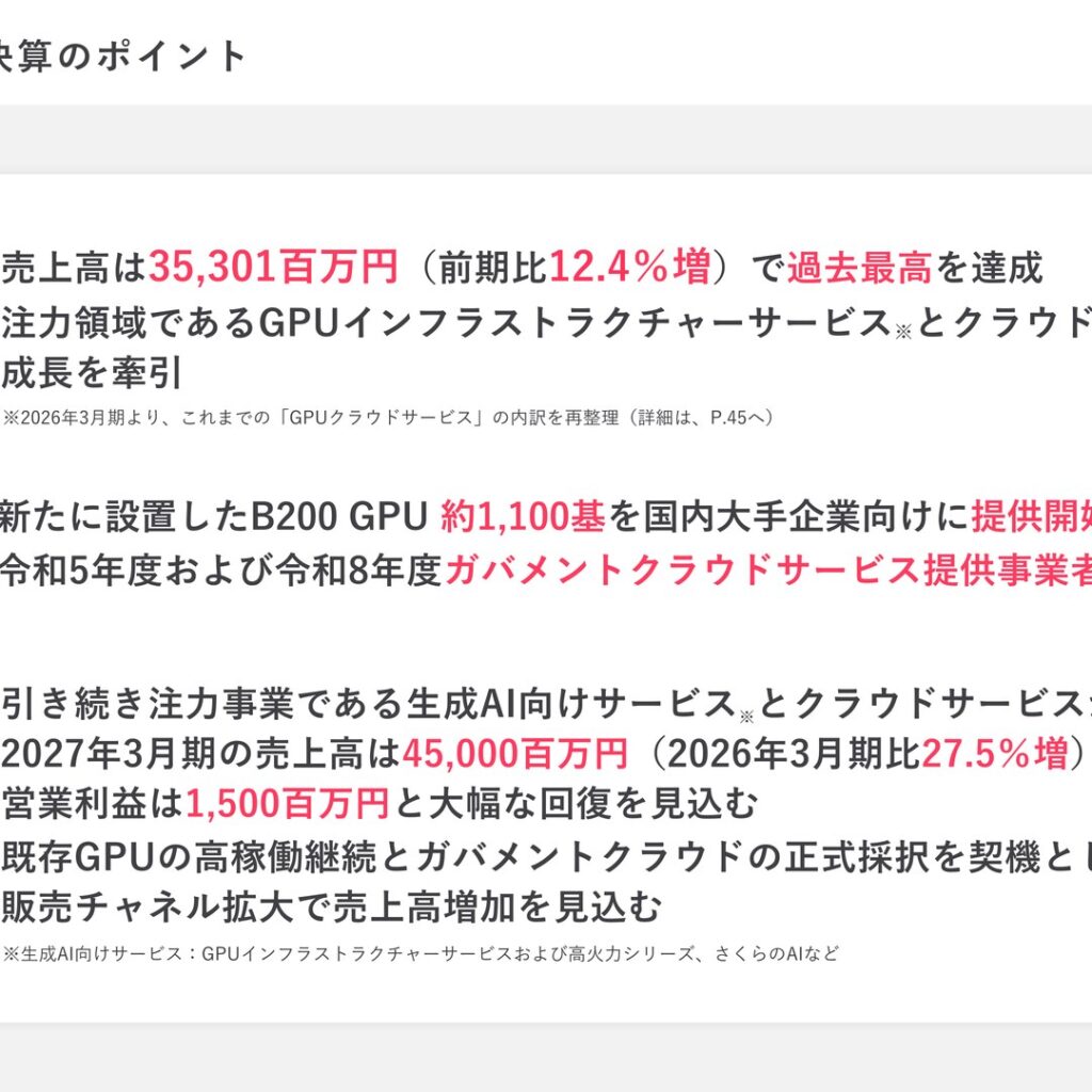 さくらインターネット、2026年3月期は売上高最高も営業減益　2027年3月期は増収増益を見込む